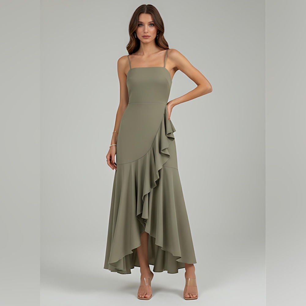 Asymmetrical Hem Ruffle Trim Spaghetti Strap Dress Green